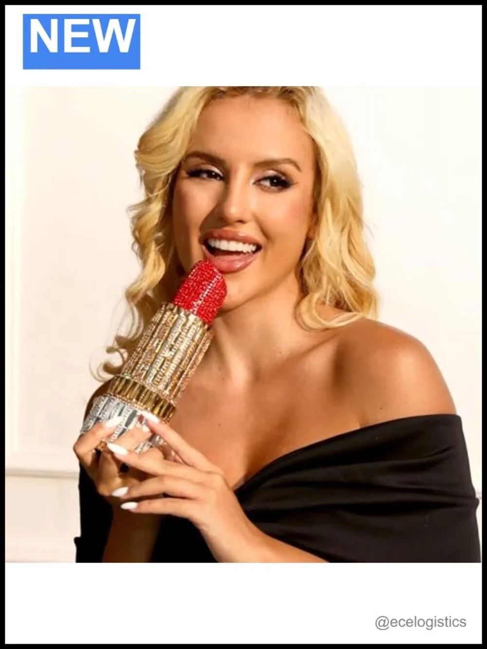 Crystal Rhinestone Clutch Evening Bag Lipstick Shape Mini Purse Party Prom Faux